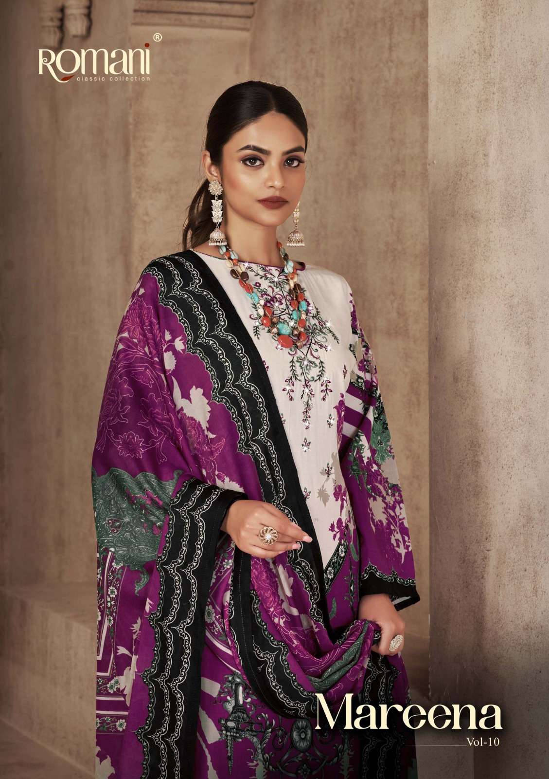 MAREENA VOL-10 BY ROMANI 1074-001 TO 1074-010 SERIES COTTON EMBROIDERY PAKISTANI DRESSES