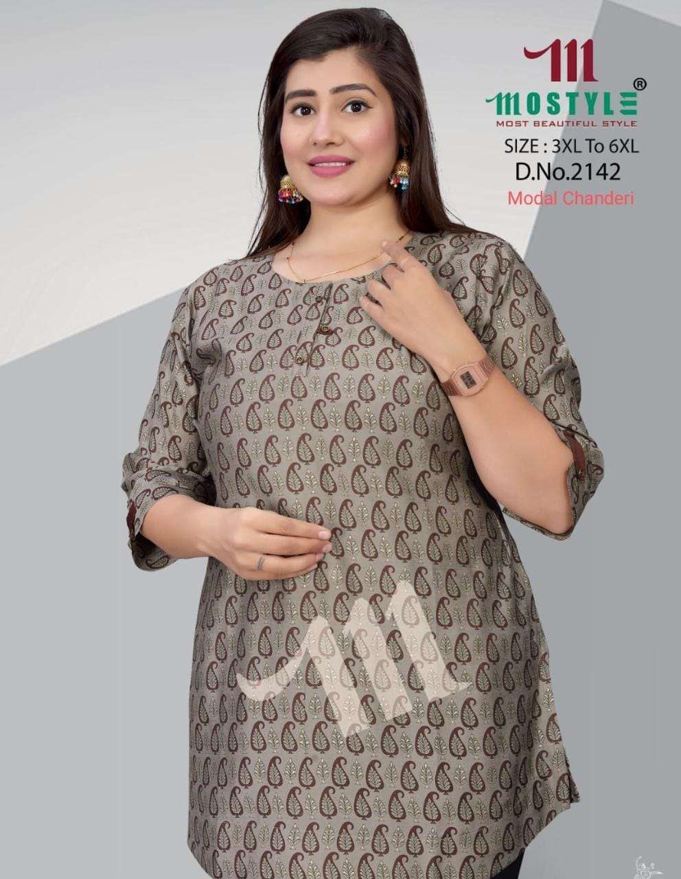 MOSTLY BY AQSAWHOLESALE 2142 TO 2157 SERIES MODAL CHANDERI PRINT BIG SIZE TOPS