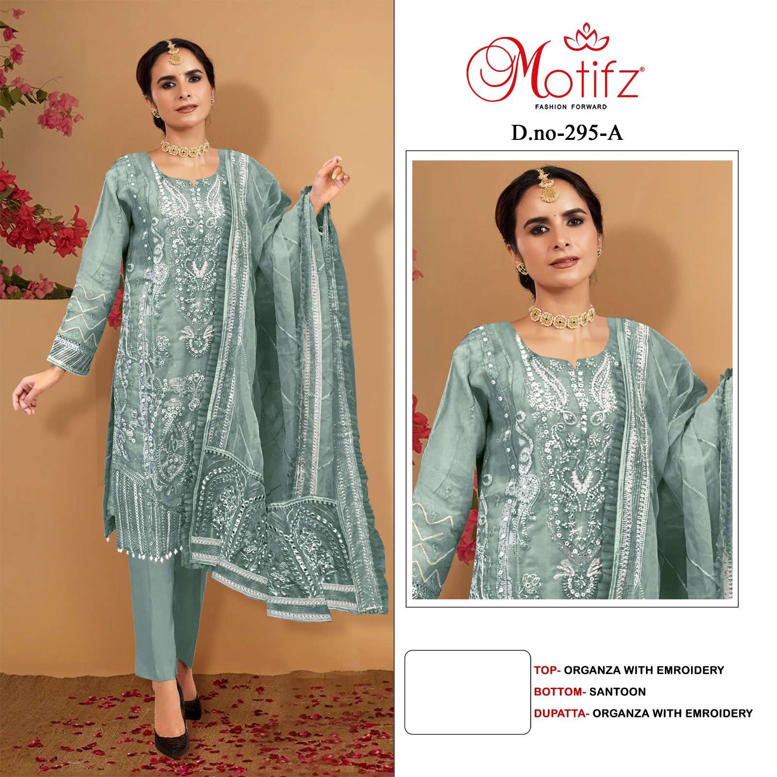 MOTIFZ 295 COLOURS BY MOTIFZ 295-A TO 295-D SERIES ORGANZA EMBRODIERY PAKISTANI DRESSES