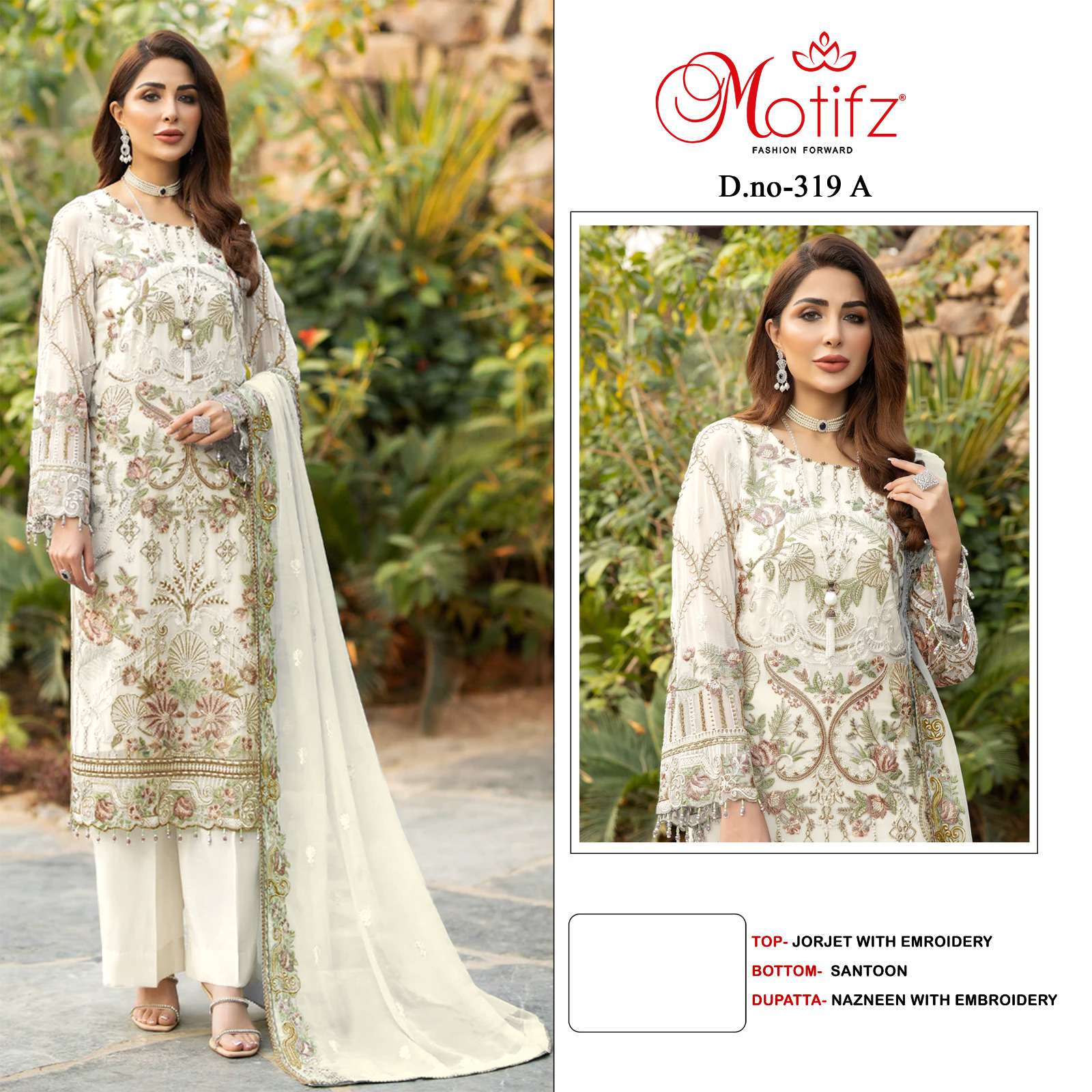 MOTIFZ 319 COLOURS BY MOTIFZ 319-A TO 319-D SERIES GEORGETTE EMBROIDERY PAKISTANI DRESSES