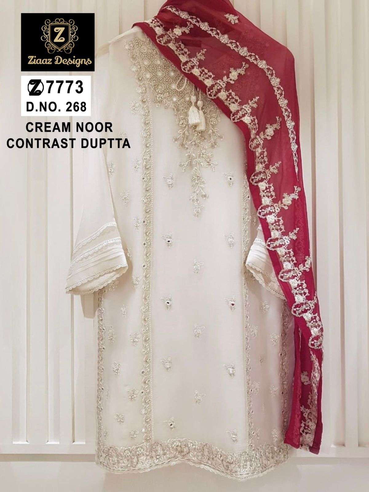 NOOR CREAM 268 HIT DESIGN BY ZIAAZ DESIGNS ORGANZA EMBROIDERY HANDWORK PAKISTANI DRESSES