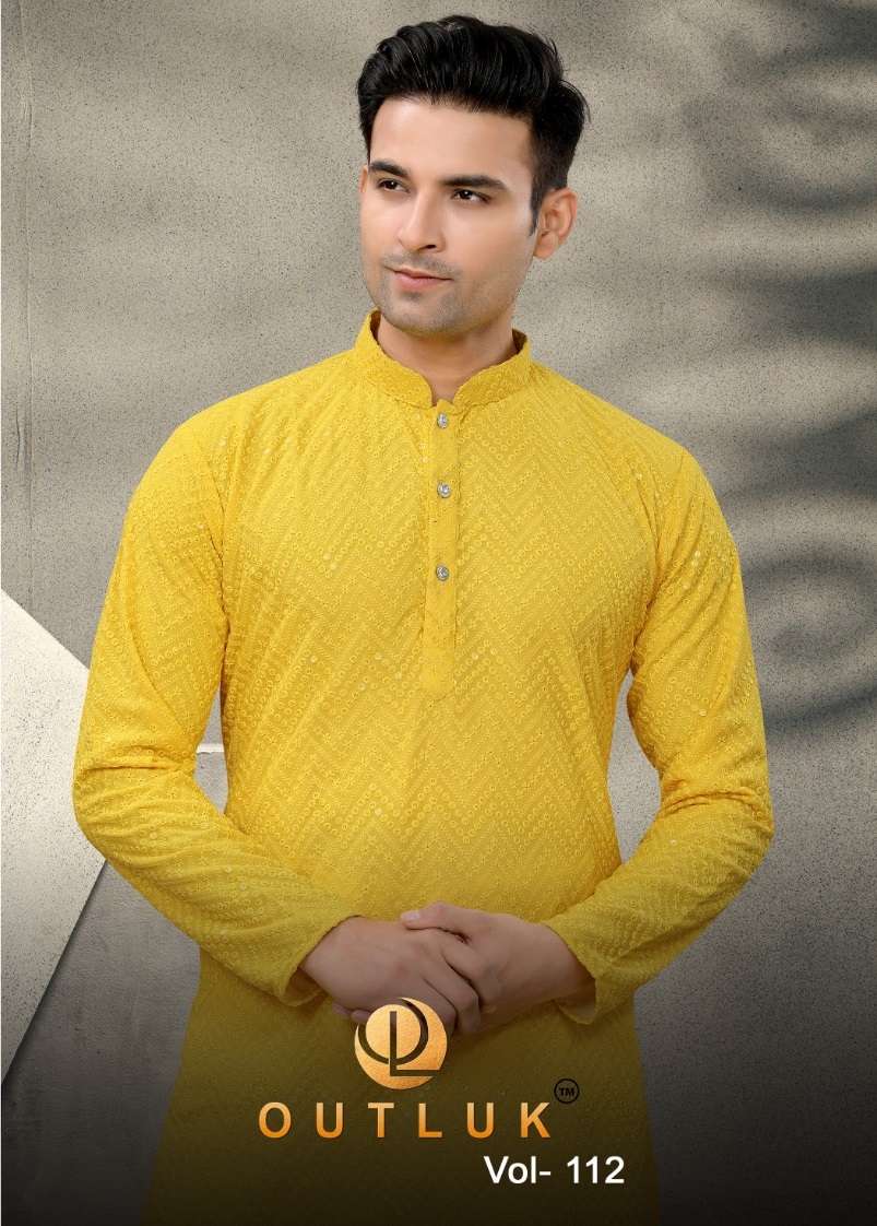 OUTLUK VOL-112 BY OUTLUK 112001 TO 112005 SERIES GEORGETTE LUCKNOWI WORK MENS KURTA PAJAMA