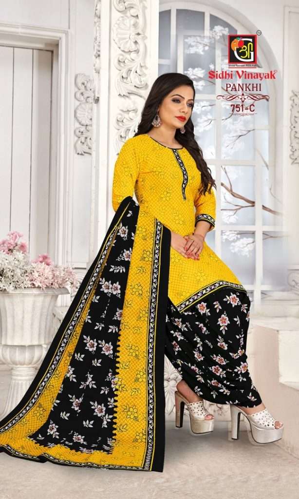 PANKHI YELLOW BY SIDHI VINAYAK 751-A TO 751-C SERIES COTTON BANDHANI PRINT DRESSES