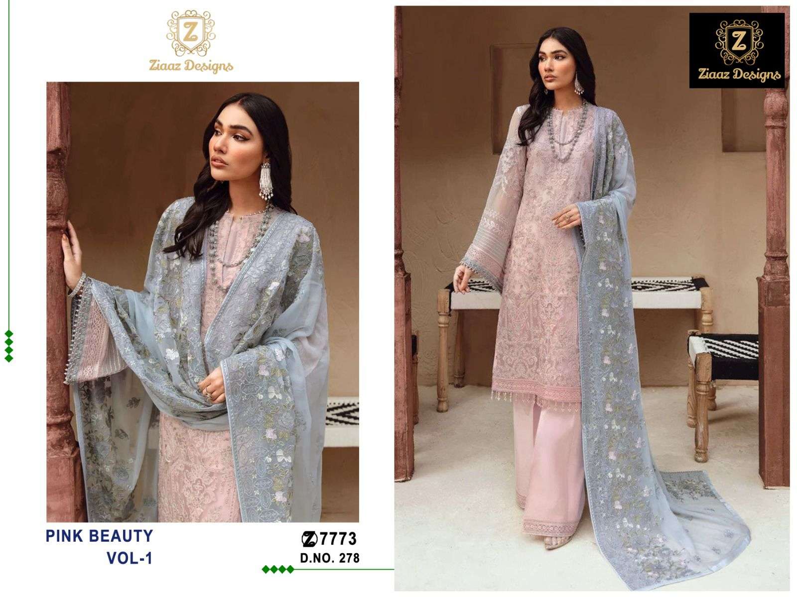 PINK BEAUTY 278 HIT DESIGN BY ZIAAZ DESIGNS ORGANZA EMBROIDERY HANDWORK PAKISTANI DRESS