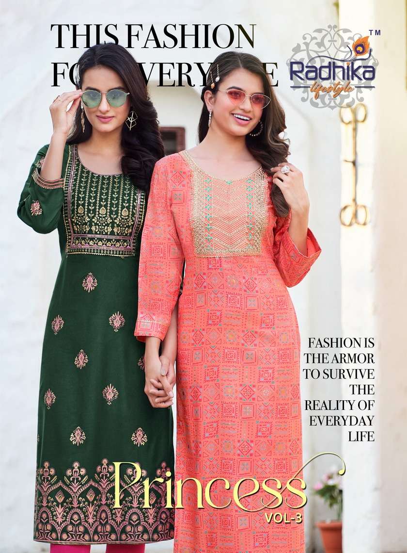 PRINCESS VOL-3 BY RADHIKA LIFESTYLE 3001 TO 3010 SERIES RAYON EMBROIDERY KURTIS