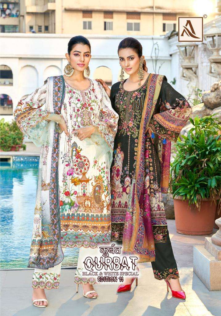 QURBAT VOL-11 BY ALOK SUIT 1218-001 TO 1218-008 SERIES ZAM COTTON WORK PAKISTANI DRESSES