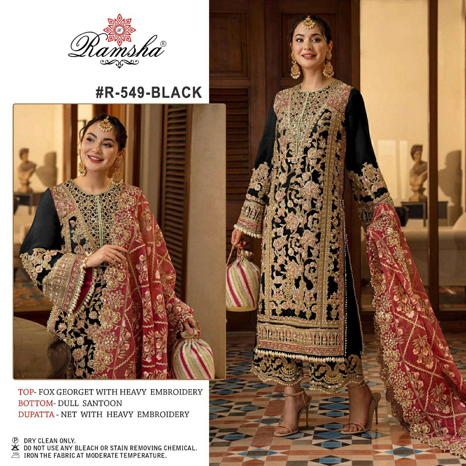 R-549 BLACK & WHITE BY RAMSHA GEORGETTE EMBROIDERY PAKISTANI DRESSES