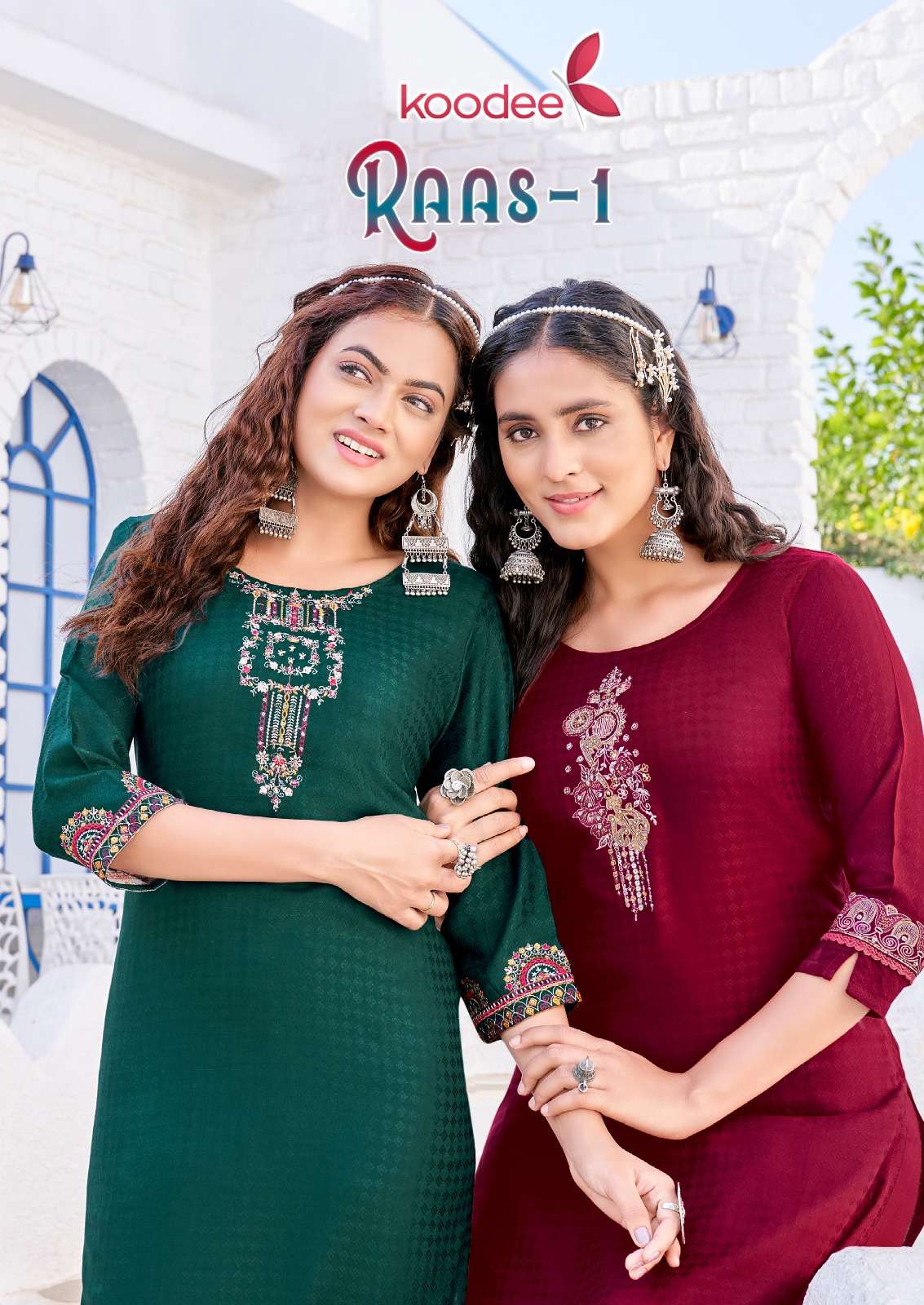 RAAS VOL-1 BY KOODEE 7001 TO 7006 SERIES RAYON EMBROIDERY WORK KURTIS