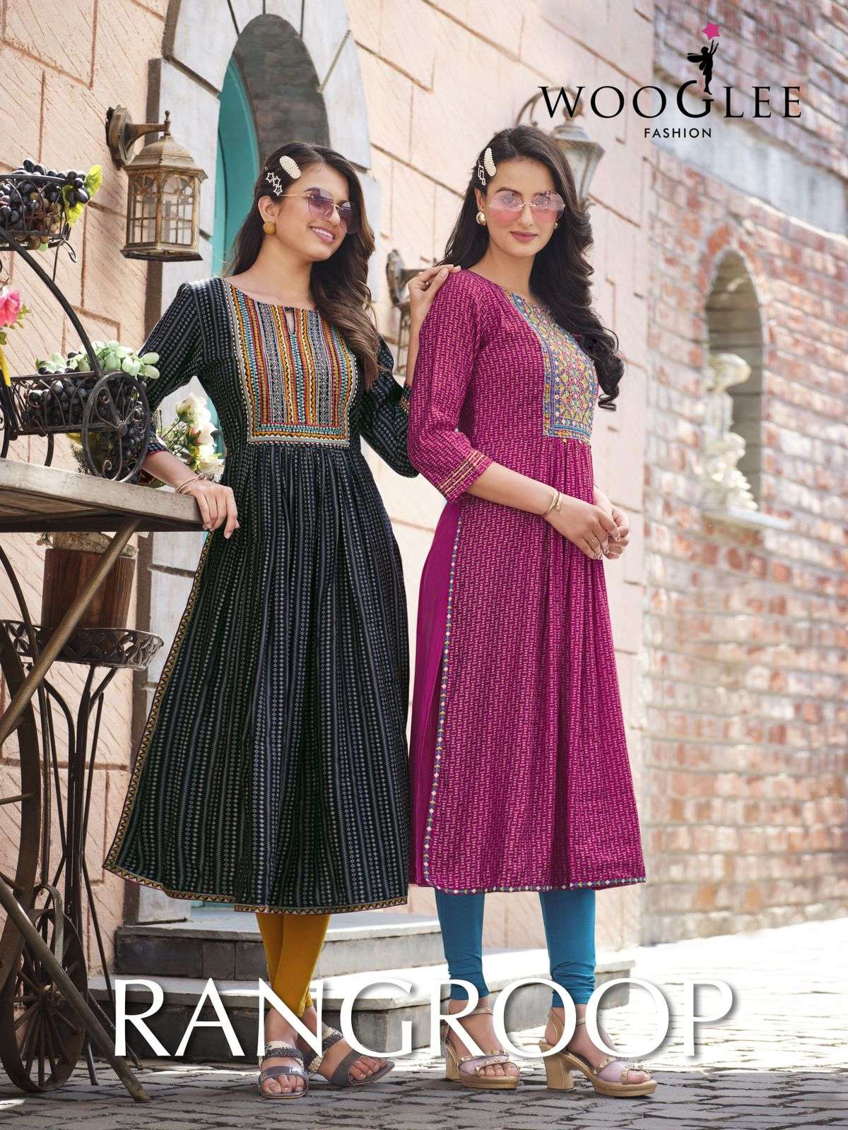 RANGROOP BY WOOGLEE 10001 TO 10004 SERIES RAYON PRINT WORK NAYRA KURTIS