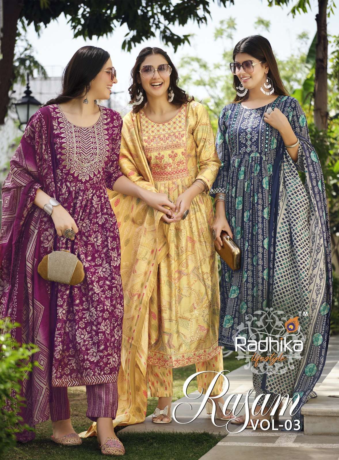 RASAM VOL-3 BY RADHIKA LIFESTYLE 3001 TO 3008 SERIES MUSLIN EMBROIDERY STITCHED DRESSES