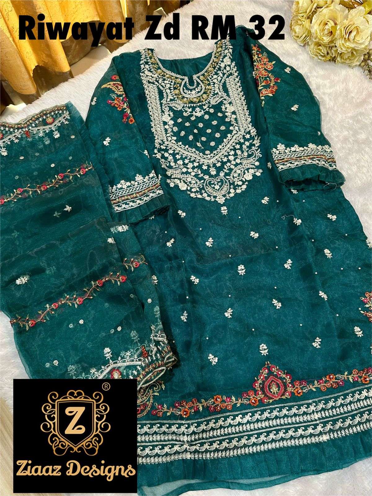 RM 32 HIT DESIGN BY ZIAAZ DESIGNS ORGANZA EMBROIDERY STITCHED PAKISTANI DRESS