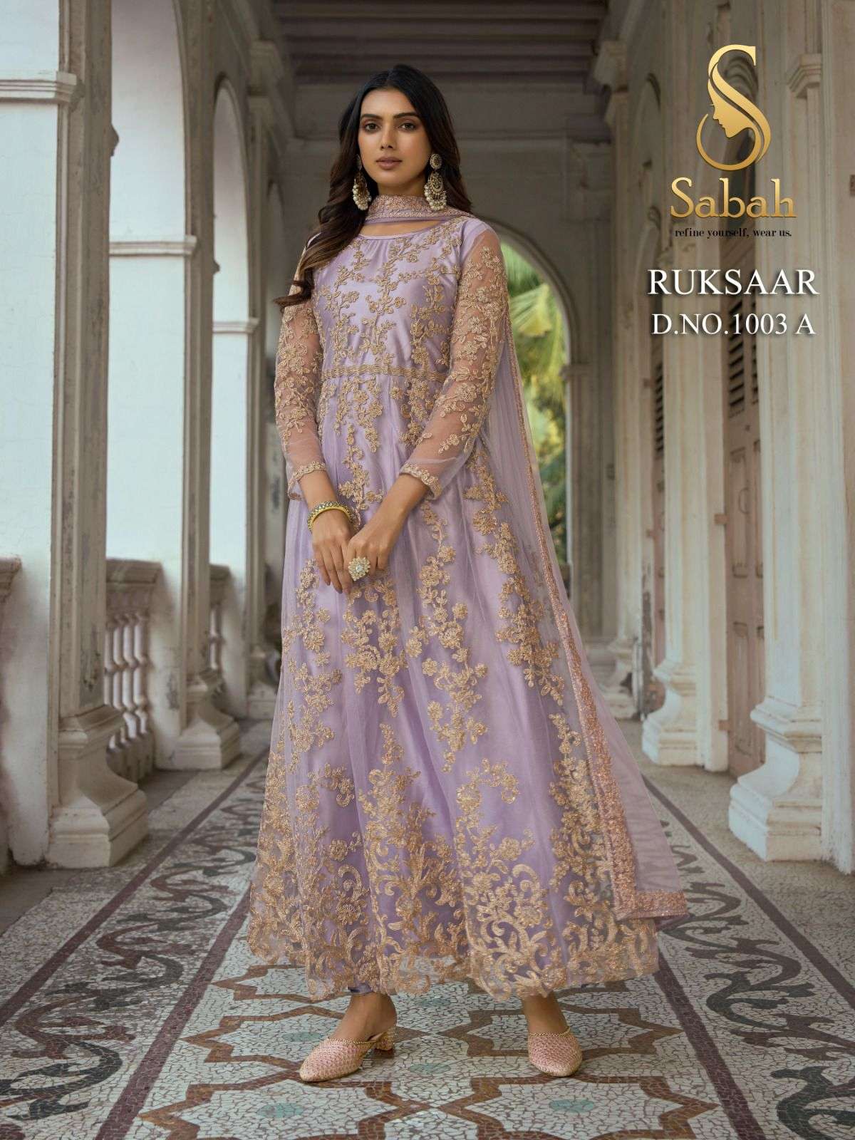 RUKSAAR 1003 COLOURS BY SABAH 1003-A TO 1003-D SERIES BUTTERFLY NET EMBROIDERY DRESSES