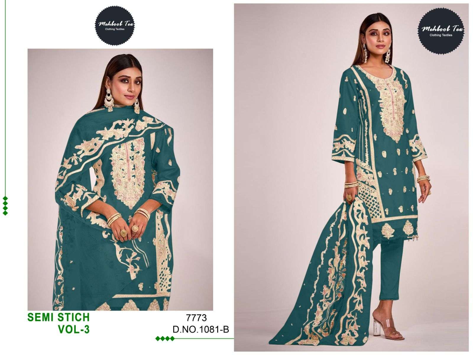 SEMI STITCH VOL-3 BY MEHBOOB TEX SOFT ORGANZA EMBROIDERY PAKISTANI DRESSES