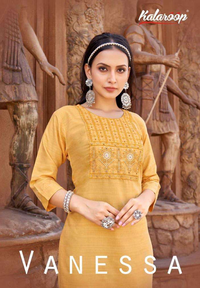 VANESSA BY KALAROOP 13750 TO 13755 SERIES PURE LIVA HEAVY WORK KURTI & PANTS