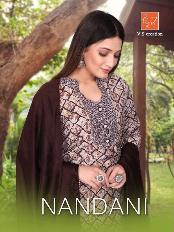 VS NANDANI BY AQSAWHOLESALE 8001 TO 8004 SERIES VISCOSE CHANDERI PRINT STITCHED DRESSES