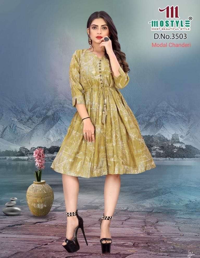 AAKRITI BY AQSAWHOLESALE 3376 TO 3503 SERIES MODAL CHANDERI PRINT SHORT KURTIS