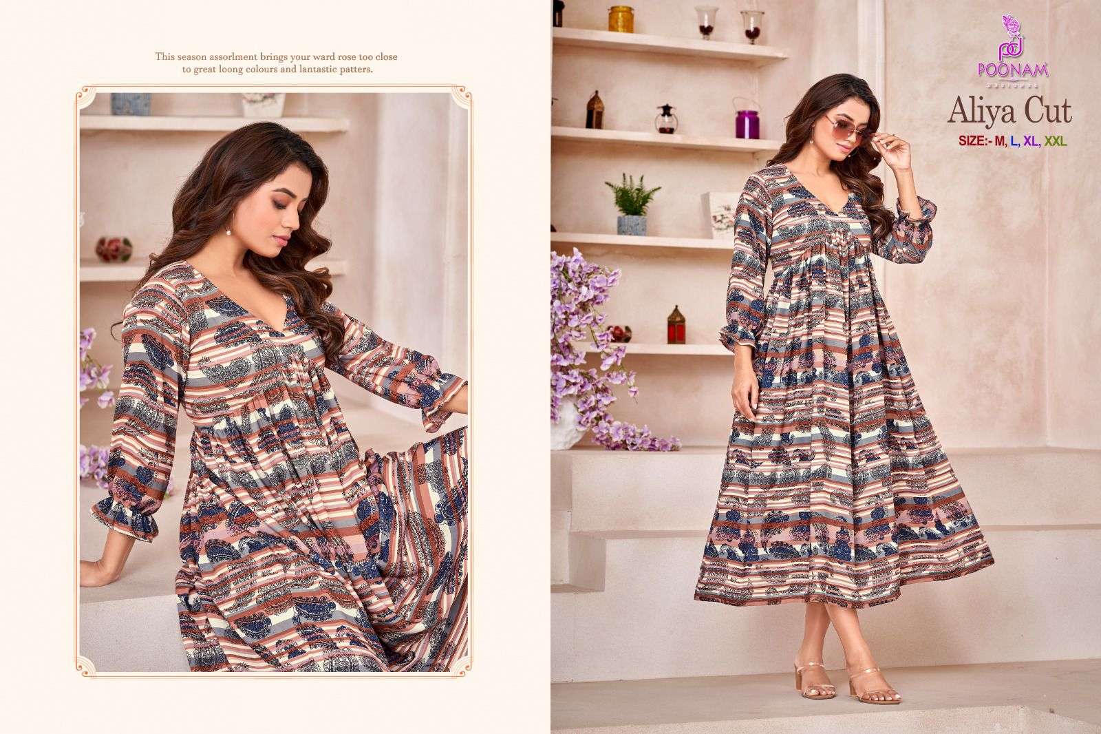 AALIYA CUT BY POONAM DESIGNER 1001 TO 1004 SERIES VISCOSE RAYON PRINT GOWNS