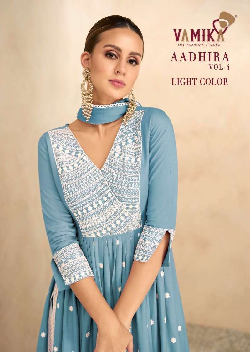 ADHIRA VOL-4 LIGHT COLOUR BY VAMIKA 1206-A TO 1206-E SERIES RAYON VISCOSE WORK STITCHED DRESSES