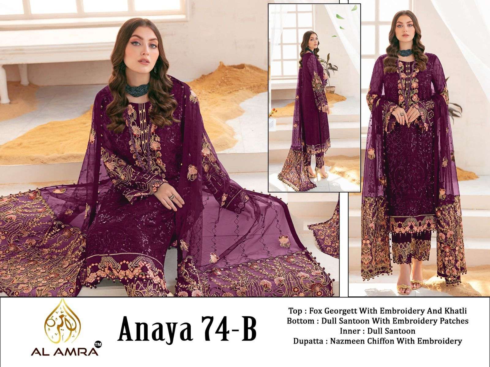 ANAYA 74 COLOURS BY AL AMRA 74-B TO 74-D SERIES FAUX GEORGETTE WORK PAKISTANI DRESSES