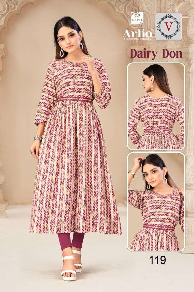 ARTIO DAIRY DON BY KAPIL TRENDZ 101 TO 130 SERIES RAYON FOIL PRINT WORK ALIA KURTIS