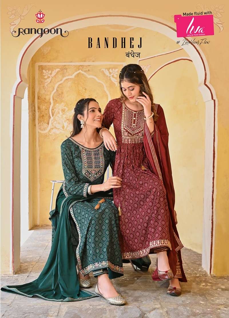 BANDHEJ BY RANGOON 4421 TO 4424 SERIES RAYON EMBROIDERY BANDHANI STITCHED DRESSES