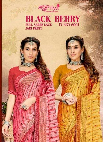 BLACK BERRY BY MADHUPRIYA MOSS CHIFFON JARI PRINT WORK FANCY SAREES