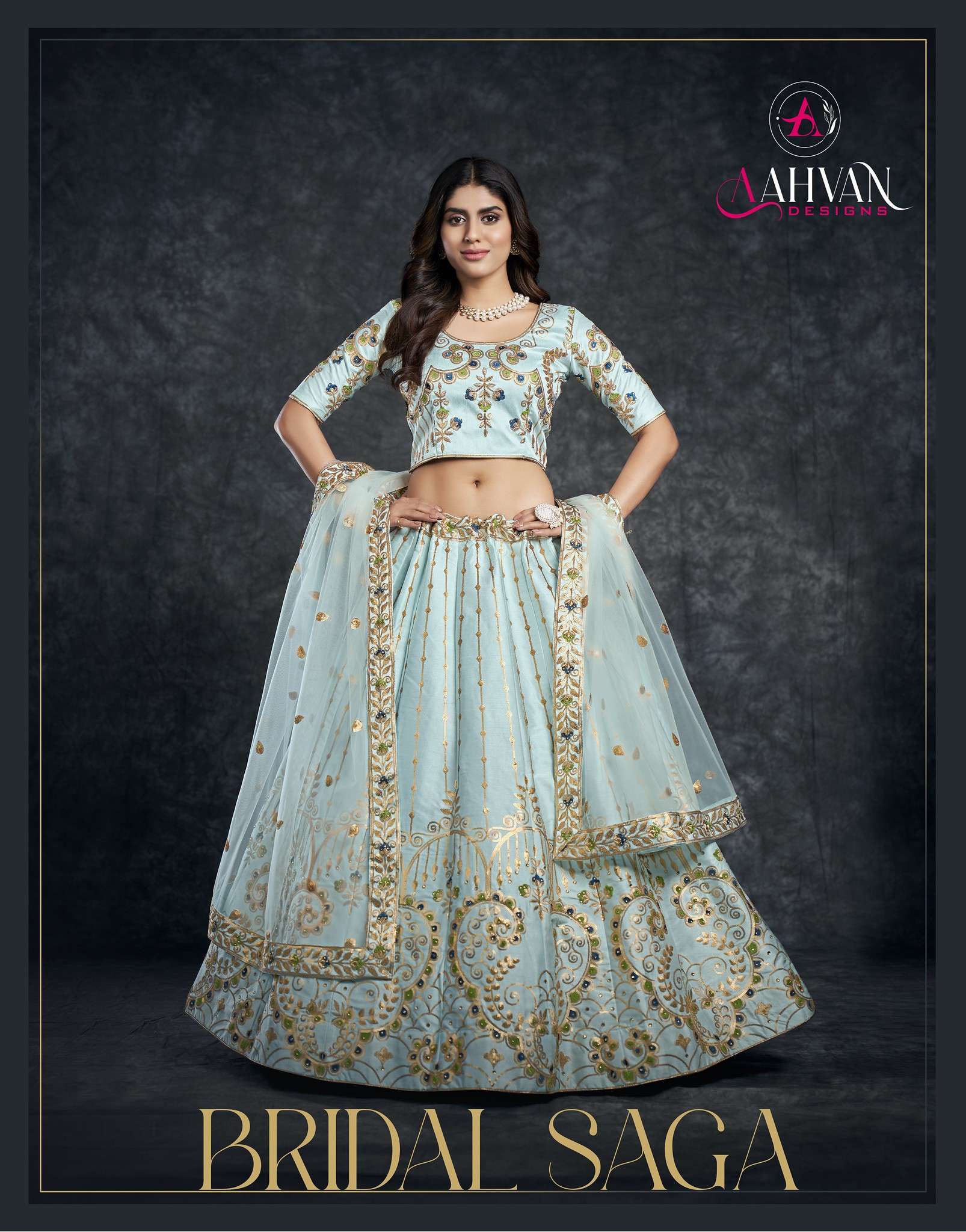 BRIDAL SAGA BY AAHVAN DESIGNS 3801 TO 3809 SERIES NET HEAVY WORK BRIDAL LEHENGAS