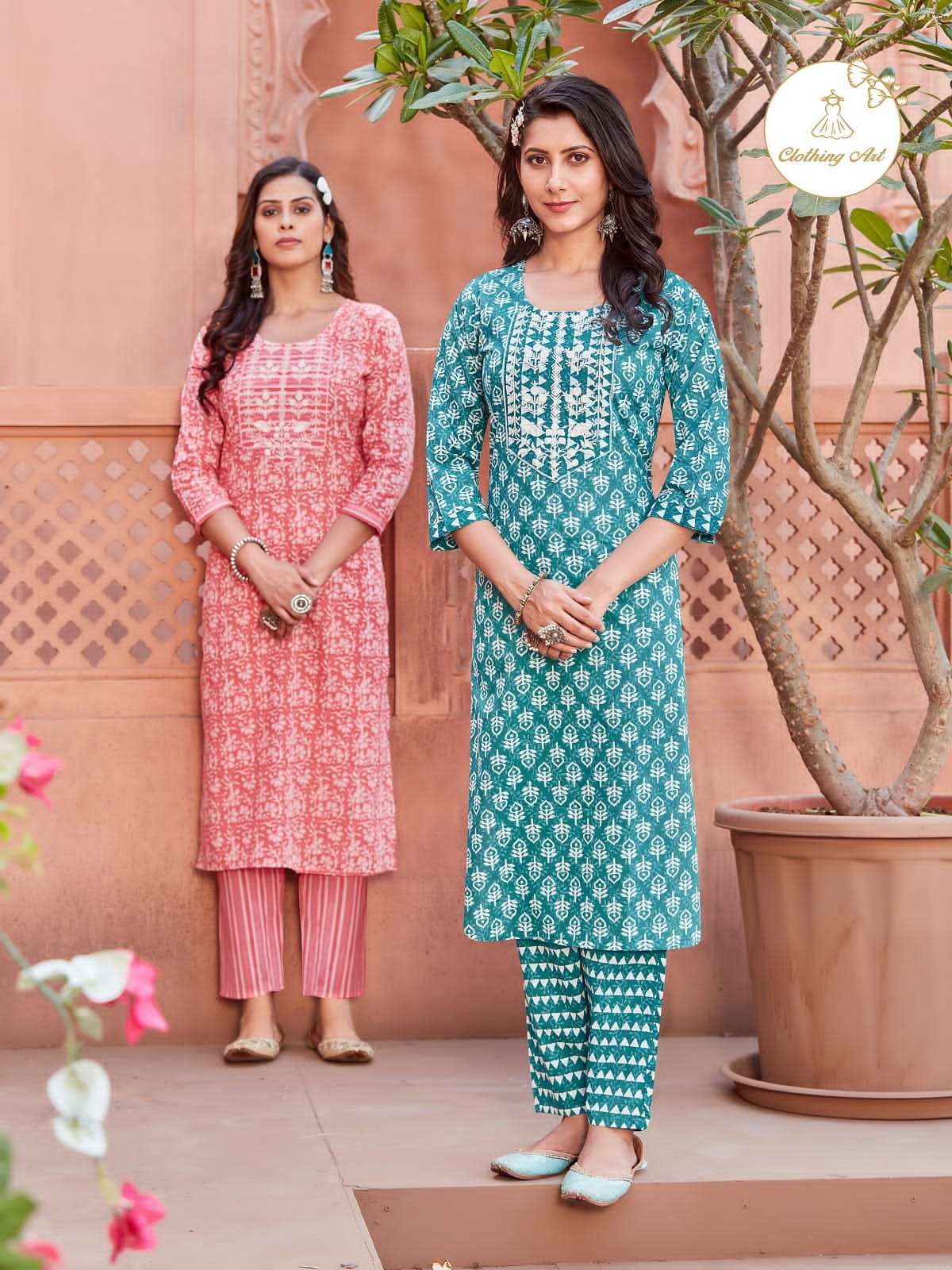 CLOTHING ART BY AQSAWHOLESALE PURE COTTON EMBROIDERY WORK KURTI & PANTS