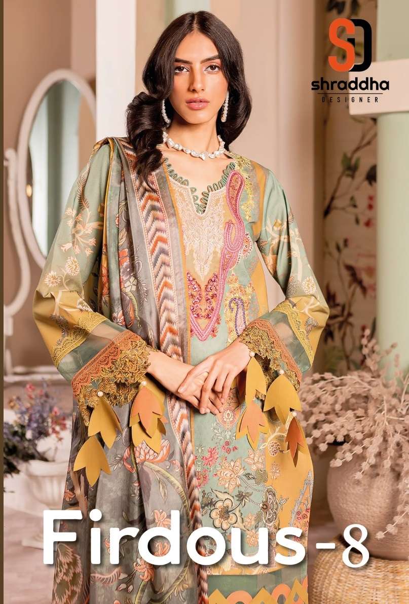 FIRDOUSE VOL-8 BY SHRADDHA DESIGNER 801 TO 804 SERIES LAWN COTTON EMBROIDERY PAKISTANI DRESSES