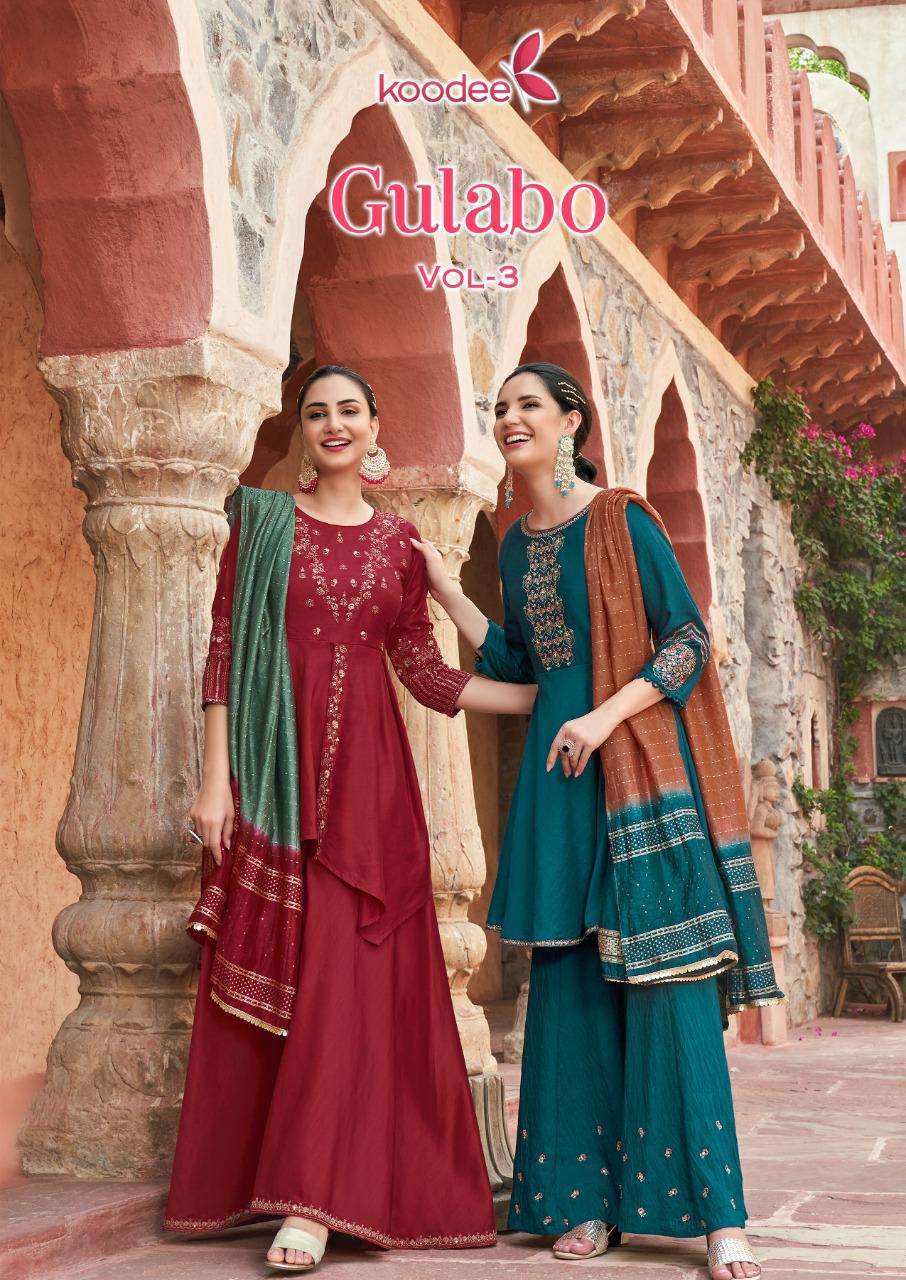 GULABO VOL-3 BY KOODEE 1001 TO 1006 SERIES CHINON SLUB EMBROIDERY WORK STITCHED DRESSES