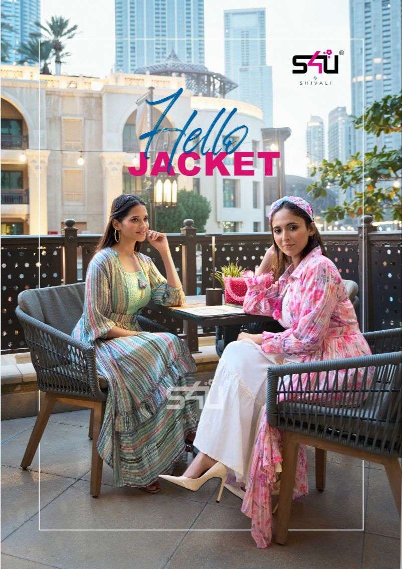 HELLO JACKET BY S4U 01 TO 05 SERIES TEXTURED GEORGETTE WORK LONG KURTI WITH JACKET