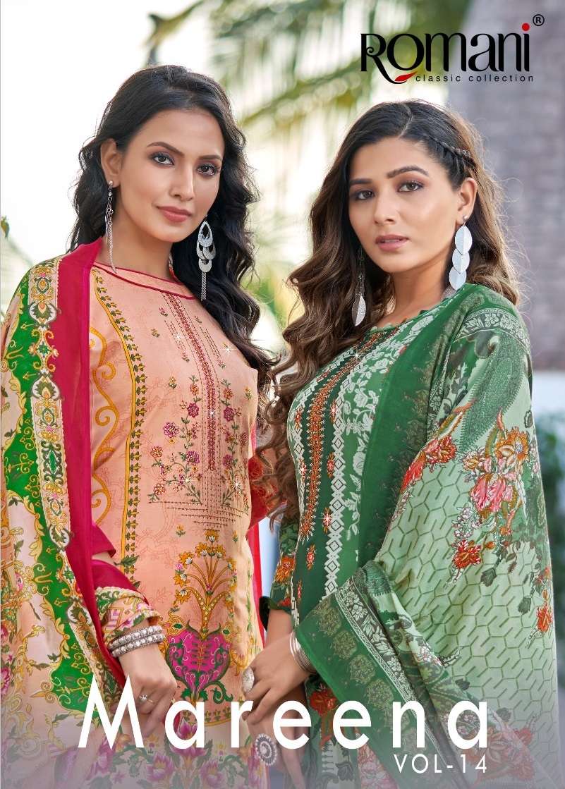 MAREENA VOL-14 BY ROMANI 1078-001 TO 1078-010 SERIES SOFT COTTON WORK PAKISTANI DRESSES