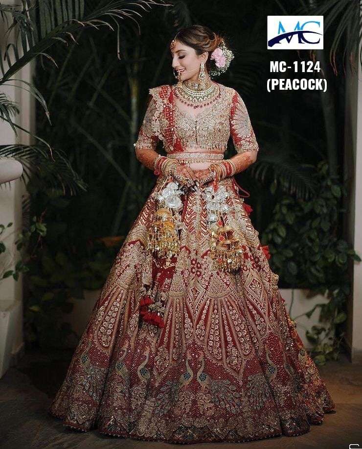 MC-1124 BY AQSAWHOLESALE VELVET HEAVY WORK BRIDAL LEHENGA CHOLI