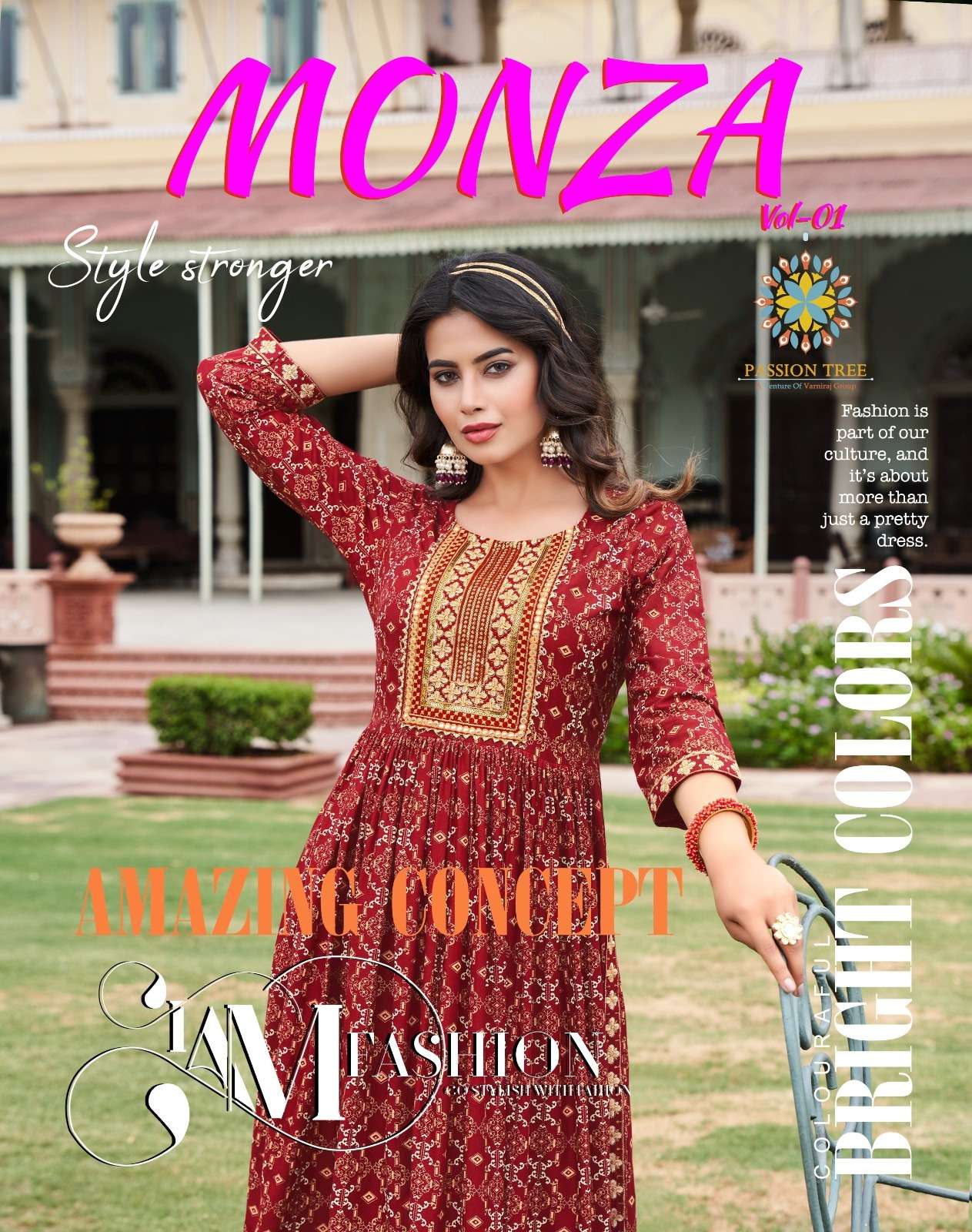 MONZA VOL-1 BY PASSION TREE 1001 TO 1006 SERIES RAYON EMBROIDERY WORK KURTIS