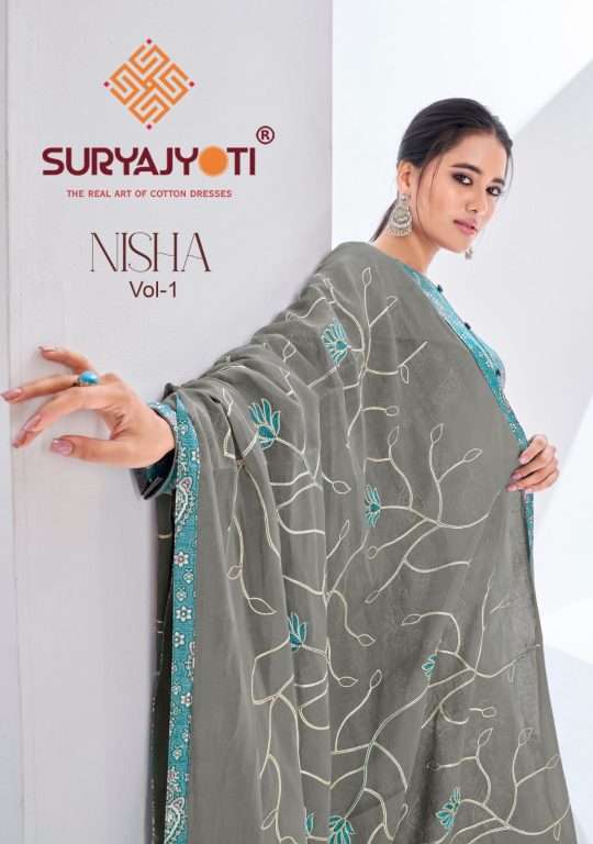 NISHA VOL-1 BY SURYAJYOTI 1001 TO 1008 SERIES CAMBRIC FOIL PRINT DRESSES