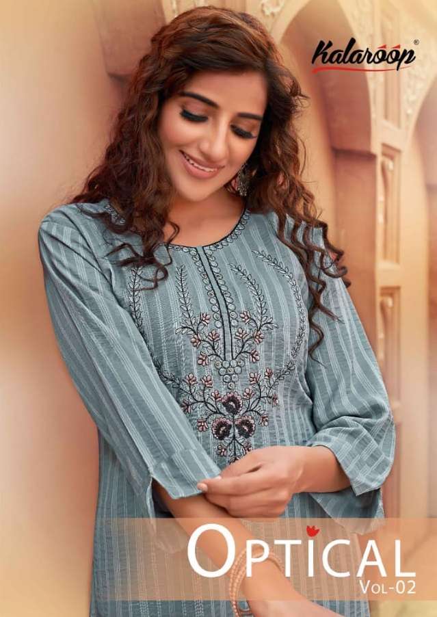 OPTICAL VOL-2 BY KALAROOP 13608 TO 13611 SERIES RAYON EMBRODIERY SEQUENCE KURTIS