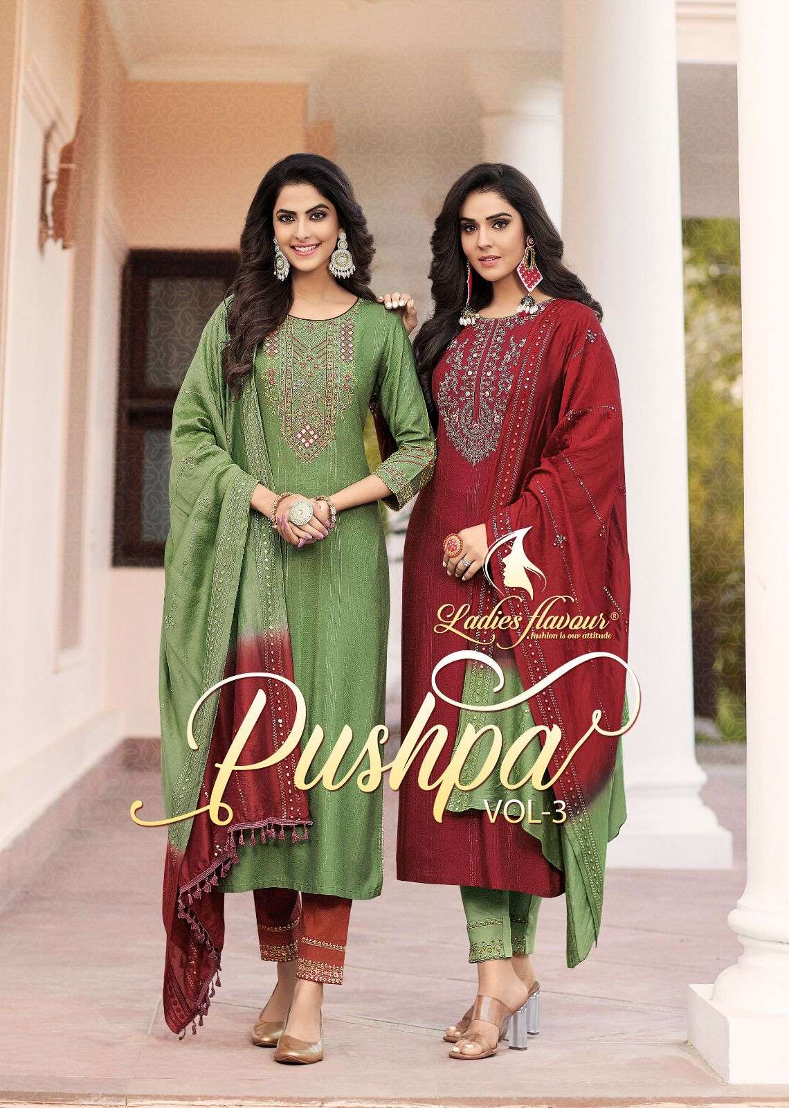 PUSHPA VOL-3 BY LADIES FLAVOUR 3001 TO 3006 SERIES RAYON EMBROIDERY STITCHED DRESSES