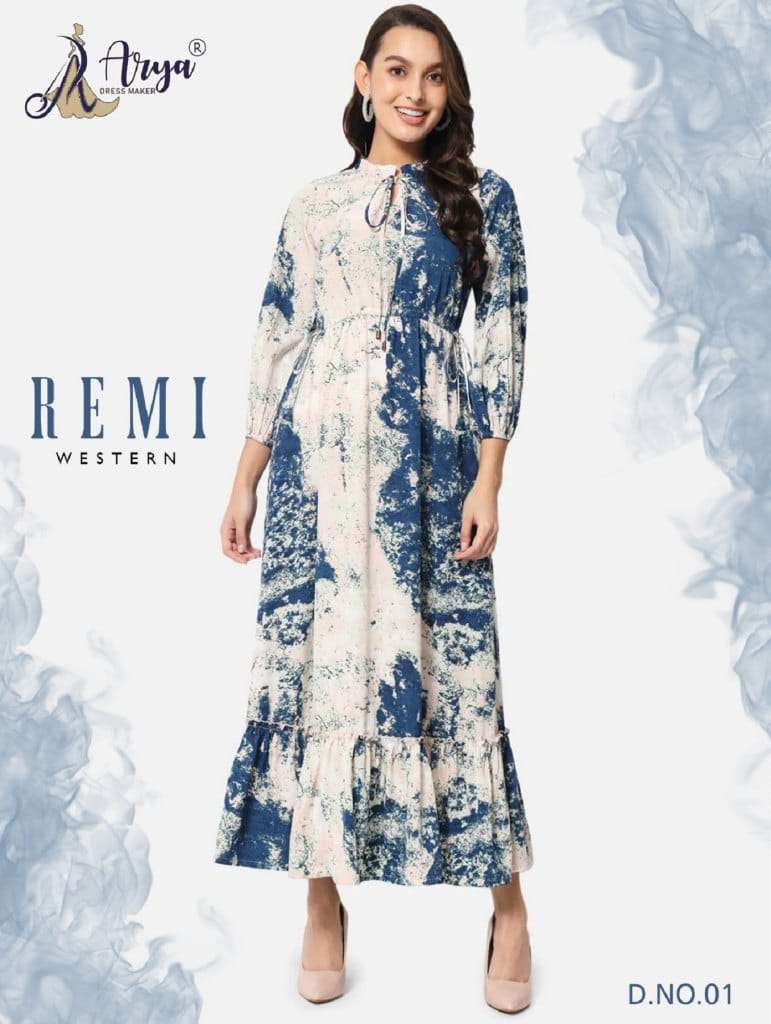 REMI WESTERN BY ARYA DRESS MAKER 01 TO 04 SERIES POLY RAYON WORK KURTIS