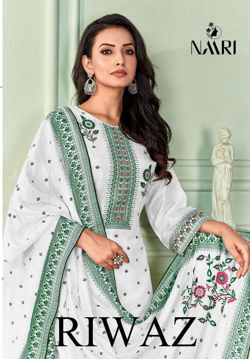 RIWAZ BY NAARI 9101 TO 9104 SERIES PURE MUSLIN JACQUARD WORK DRESSES