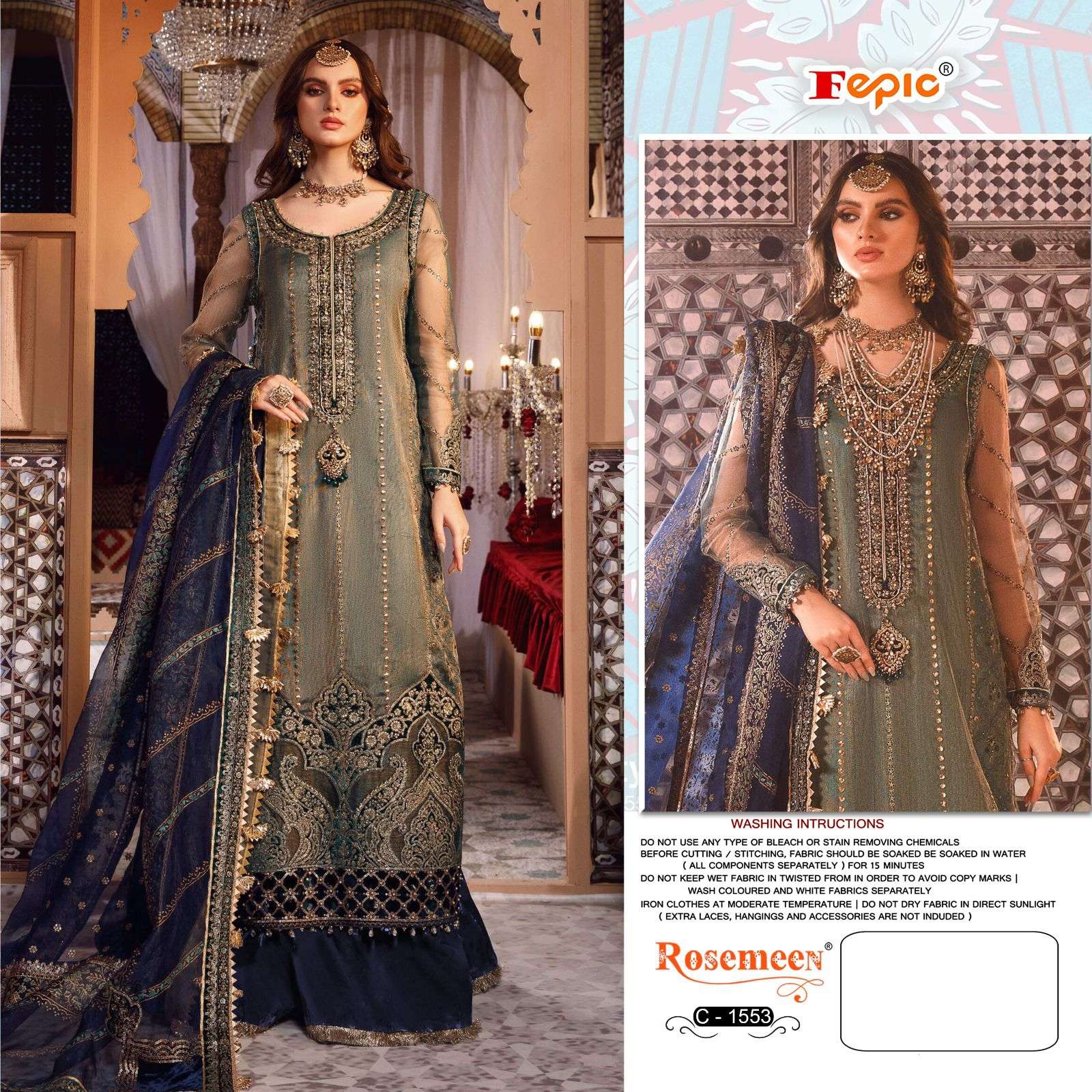 ROSEMEEN 1553 COLOURS BY FEPIC 1553-A TO 1553-C SERIES NET EMBRODIERY PAKISTANI DRESSES