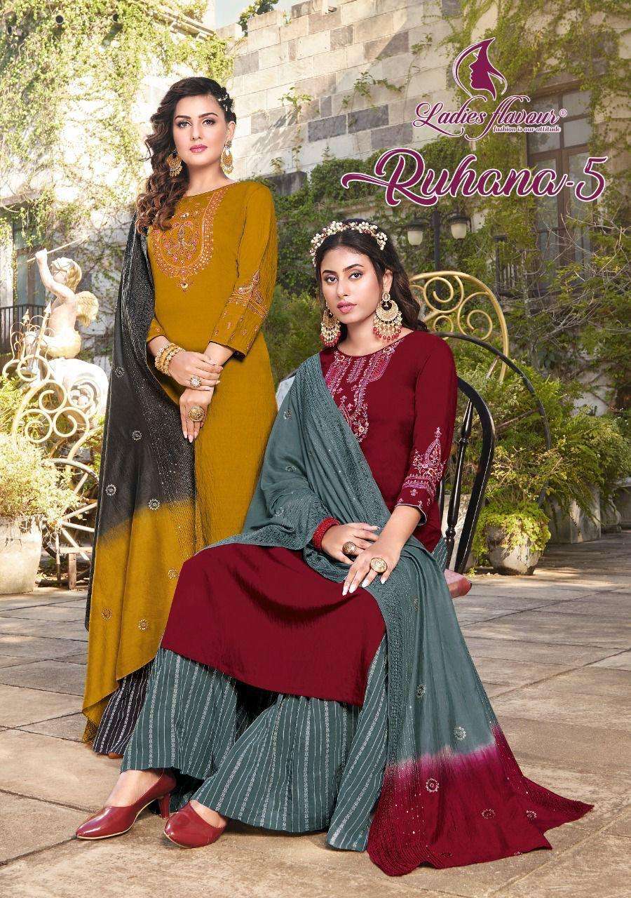 RUHANA VOL-5 BY LADIES FLAVOUR 6001 TO 6006 SERIES PURE VISCOSE EMBROIDERY STITCHED DRESSES