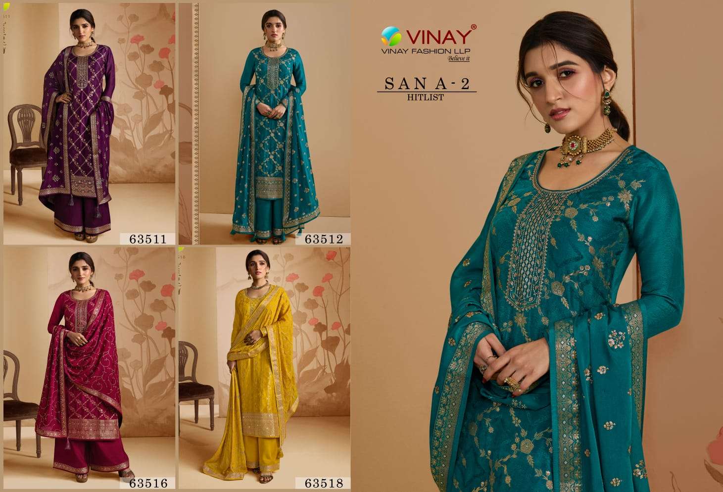 SANA VOL-2 HITLIST BY VINAY FASHION 63511 TO 63518 SERIES DOLA JACQUARD WORK DRESSES