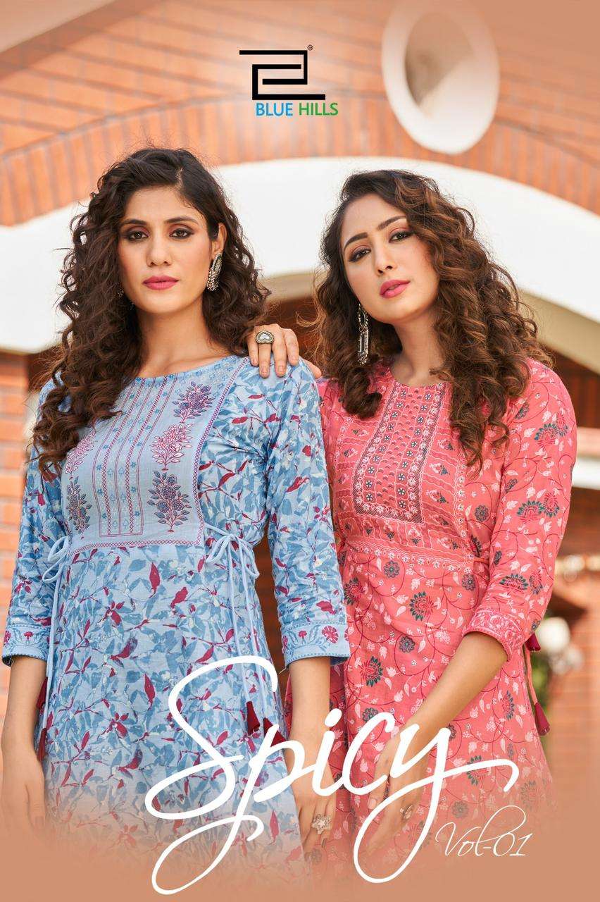 SPICY VOL-1 BY BLUE HILLS 1001 TO 1008 SERIES CAMBRIC COTTON PRINT KURTIS