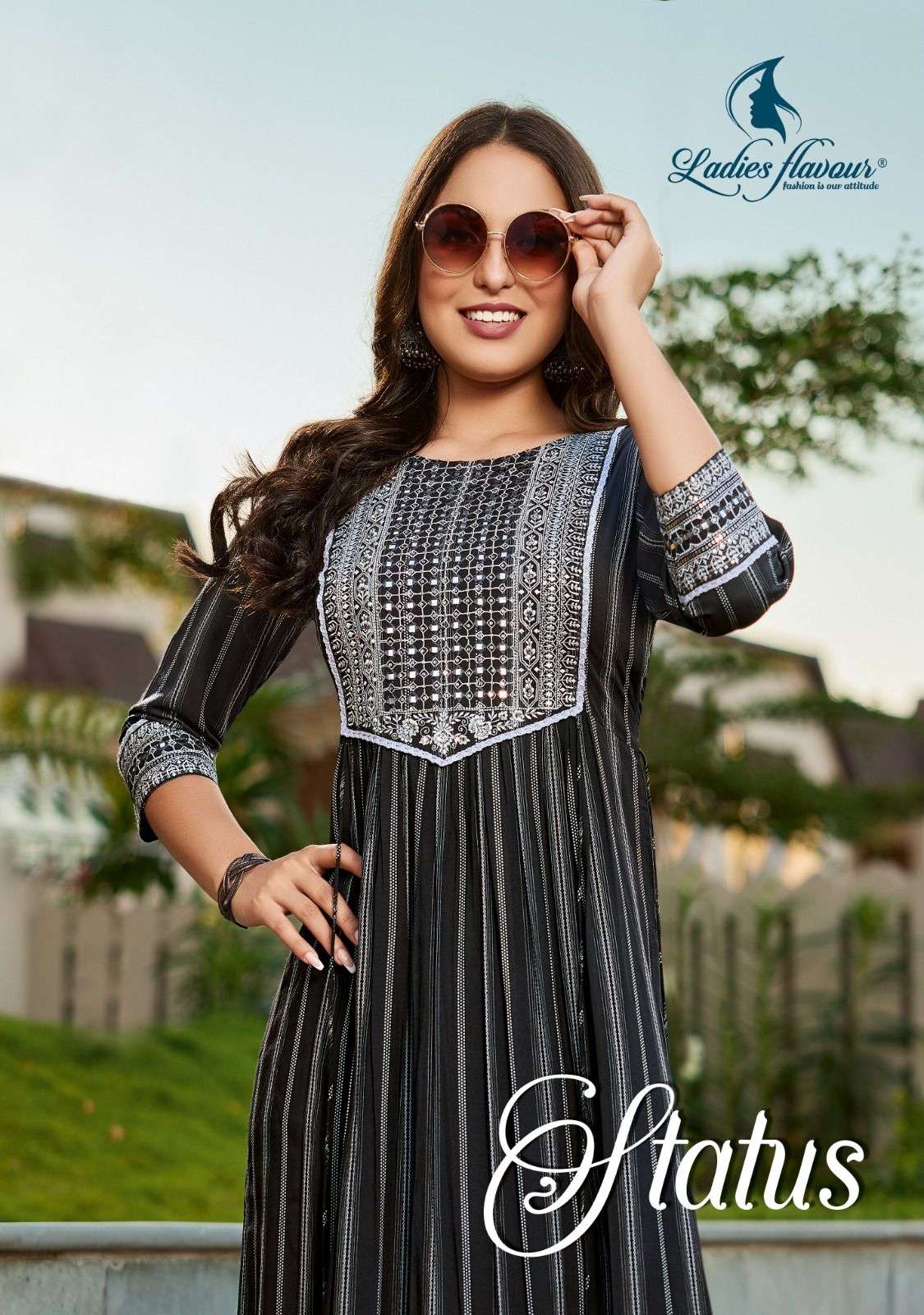 STATUS BY LADIES FLAVOUR 1001 TO 1006 SERIES RAYON MIRROR EMBROIDERY NAYRA KURTIS