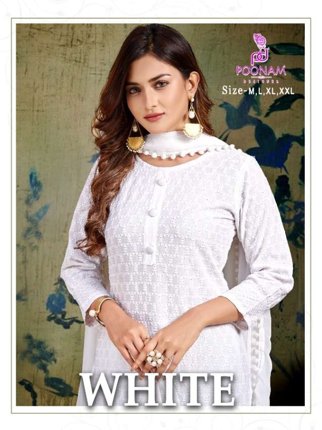 WHITE BY POONAM DESIGNER 1001 TO 1006 SERIES RAYON CHICKEN WORK STITCHED DRESSES