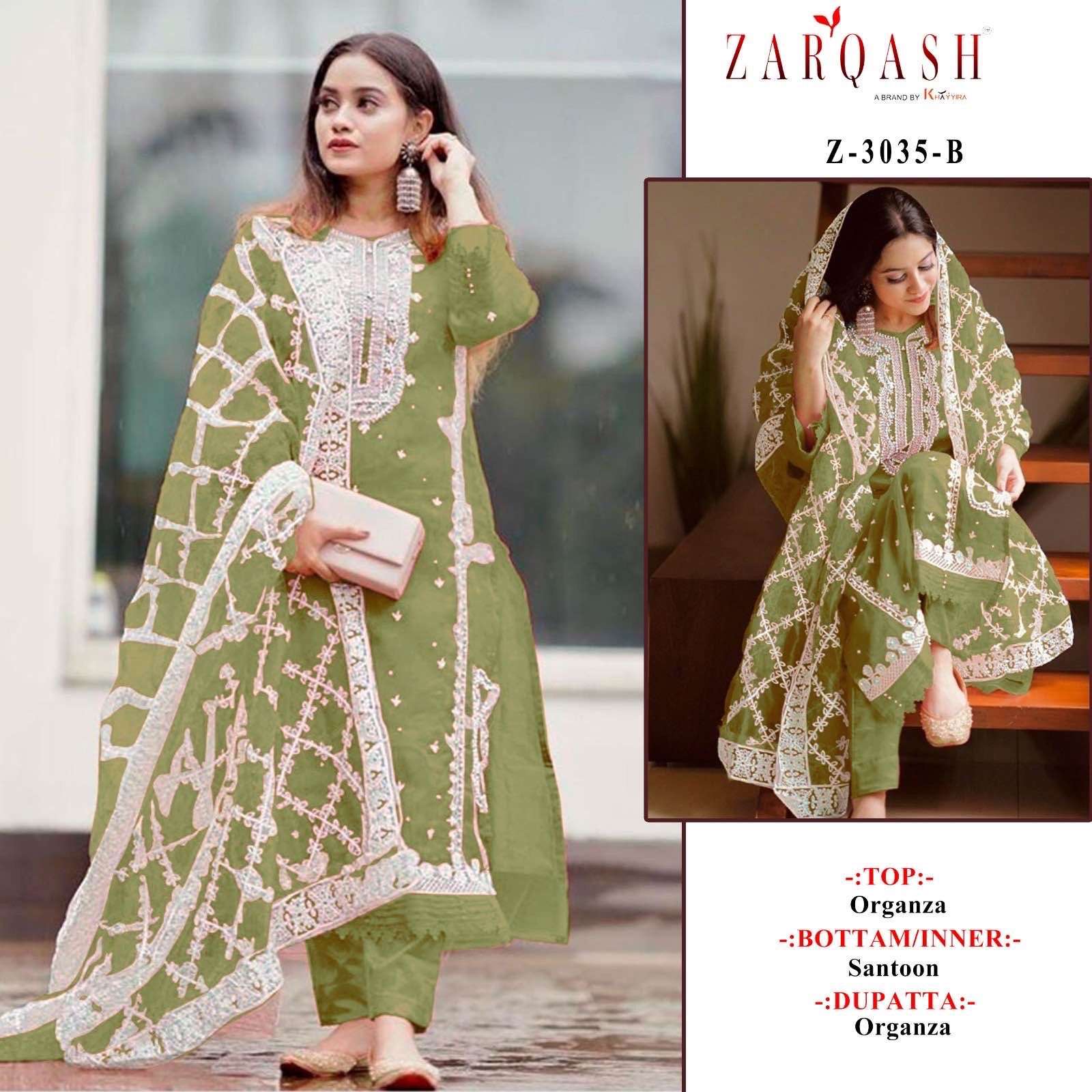 Z-3035 COLOURS BY ZARQASH 3035-B TO 3035-H SERIES ORGANZA EMBROIDERY PAKISTANI DRESSES