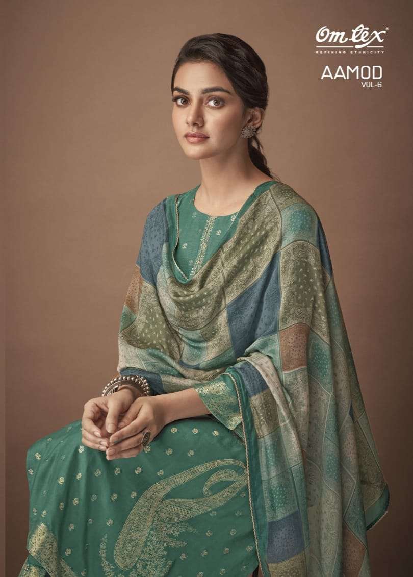 AAMOD VOL-6 BY OMTEX 2321-A TO 2321-D SERIES MUSLIN JACQUARD HANDWORK DRESSES