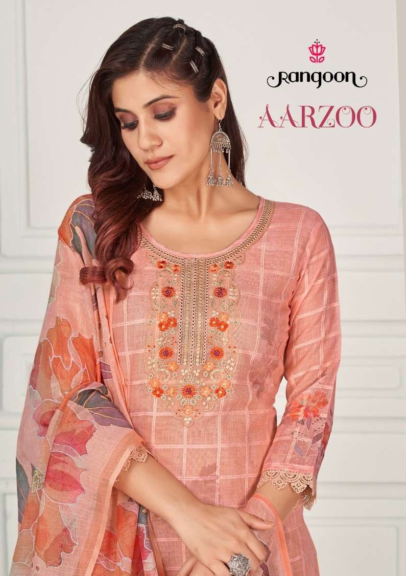 AARZOO BY RANGOON 4451 TO 4454 SERIES COTTON LINEN EMBROIDERY STITCHED DRESSES