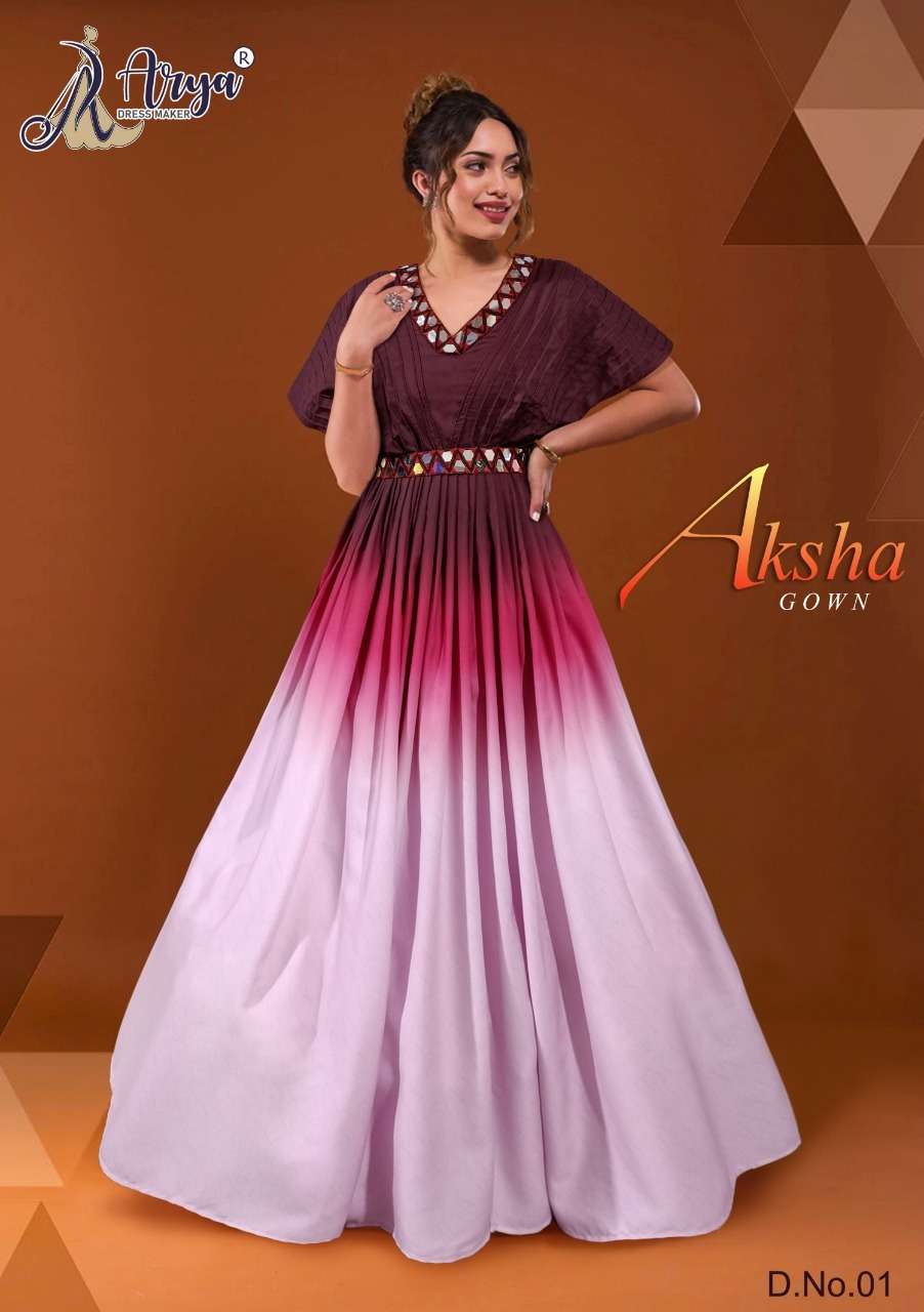 AKSHA GOWN BY ARYA DRESS MAKER 01 TO 06 SERIES POLI RAYON MIRROR WORK GOWNS