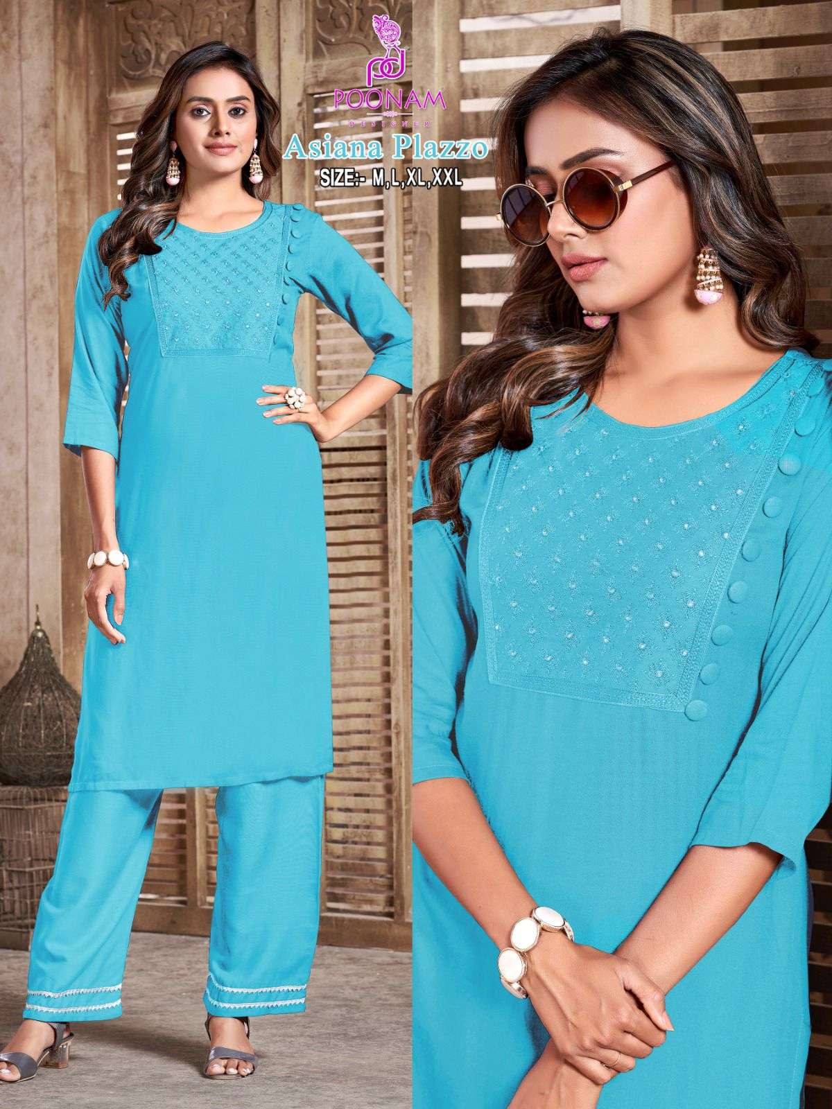 ASIANA PLAZZO BY POONAM DESIGNER 1001 TO 1006 SERIES RAYON WORK KURTI AND PANTS